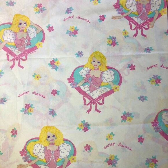 Vintage 90s Barbie Bedsheets Twin Set (Flat + Fitted) 1997 Sweet Dreams Ribbons - Picture 3 of 15